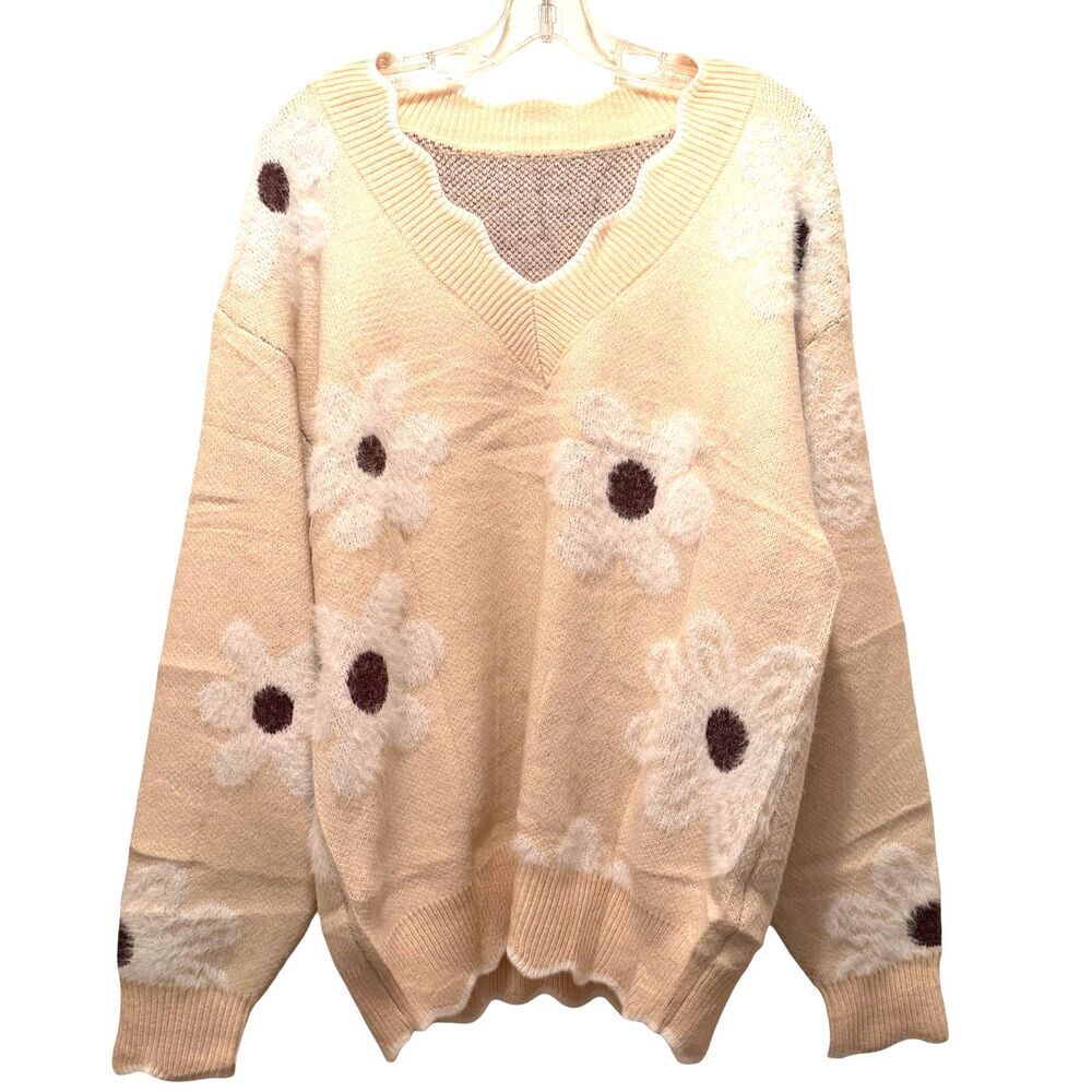 NEW Women's Oversized V Neck Fuzzy Sweater Casual Long Sleeve Loose Fit Size XL